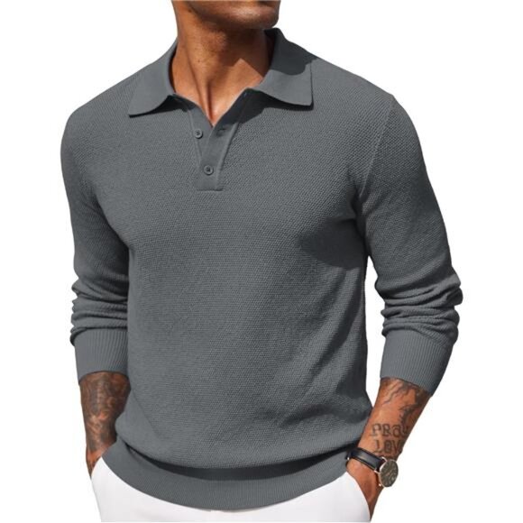Mens Knit Polo Shirt Long Sleeve Casual Plain Waffle Textured Collared Sweater - Picture 1 of 6